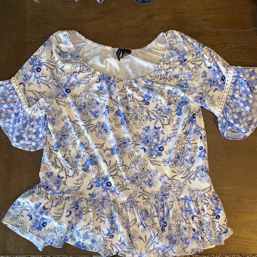 Blue and White Floral Blouse
